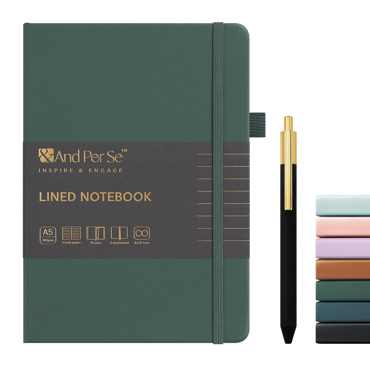 &And Per Se Lined Journal and Pen Set, A5 Leather Hardcover Notebook with Pen & Stationary Set, 160 Pages 100GSM Thick Ruled Paper Journal for Business Work Writing (Dark Blue)