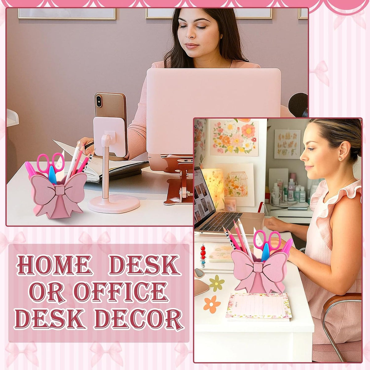 Tenceur Pink Bow Pen Holder for Desk Large Capacity Pencil Holder for Girls