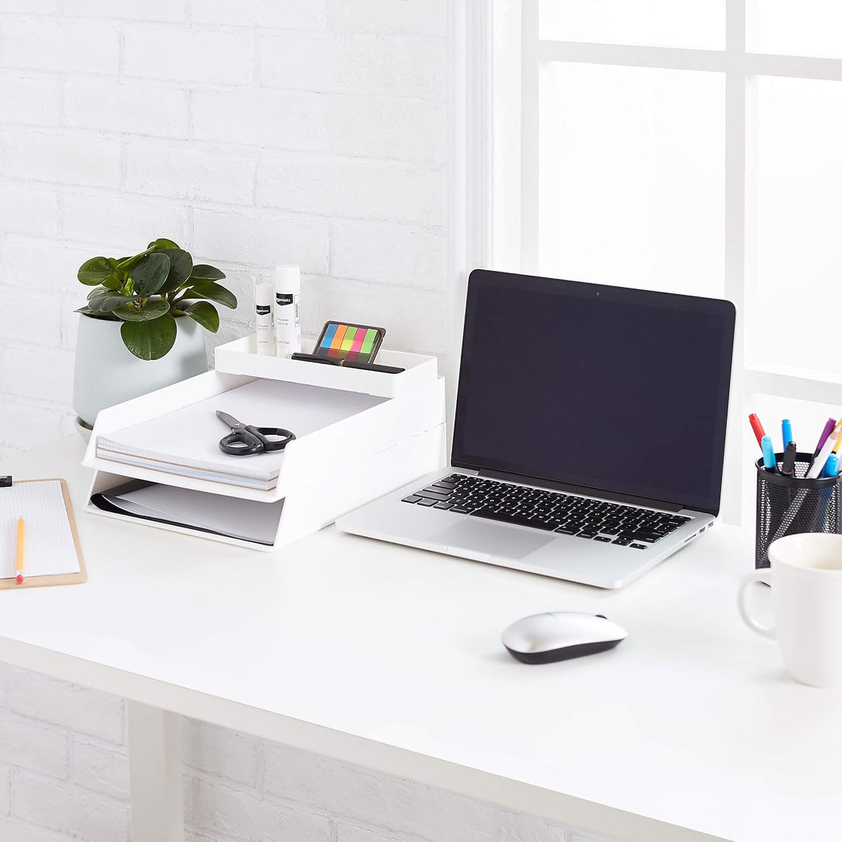 Amazon Basics Rectangular Plastic Desk Organizer, Half Accessory Tray for Office Supplies and Workspace Organization, 9.4" x 3.3" x 1", White