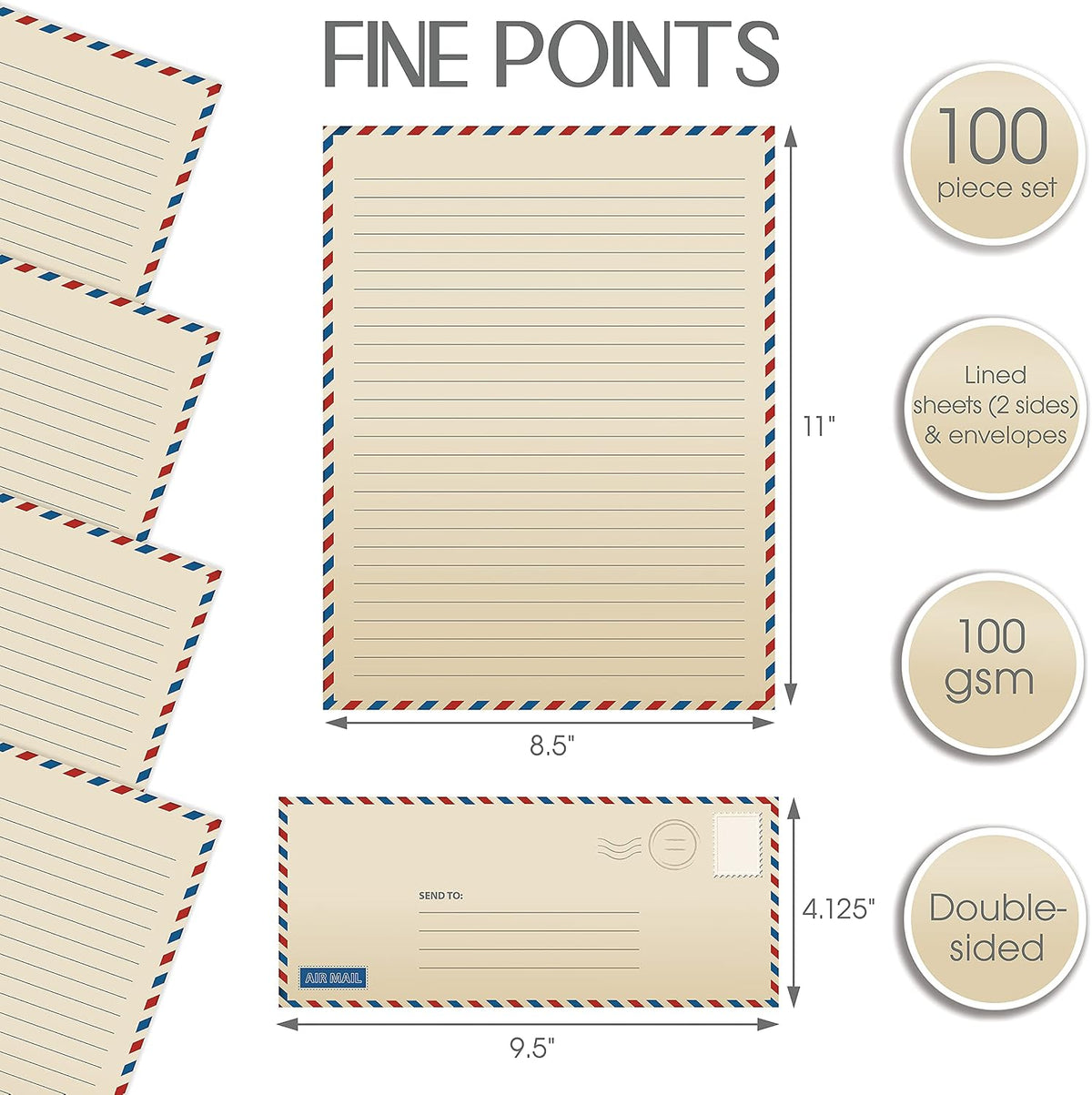 Better Office Products Vintage Airmail Stationery Paper Set, 100-Piece Set (50 Lined Sheets + 50 Matching Envelopes), Letter Size 8.5 x 11 inch, Double Sided & Lined Paper,