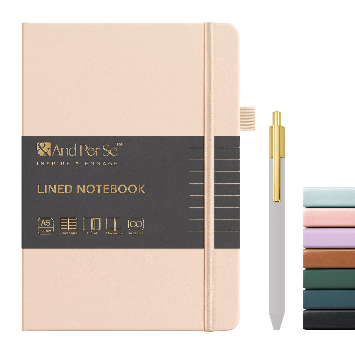 &And Per Se Lined Journal and Pen Set, A5 Leather Hardcover Notebook with Pen & Stationary Set, 160 Pages 100GSM Thick Ruled Paper Journal for Business Work Writing (Dark Blue)