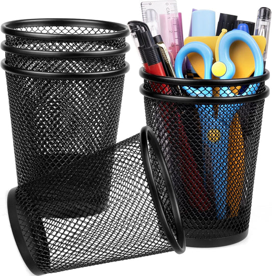 QYH Mesh Pencil Holder for Desk 6 Pack, Metal Pen Cup Black