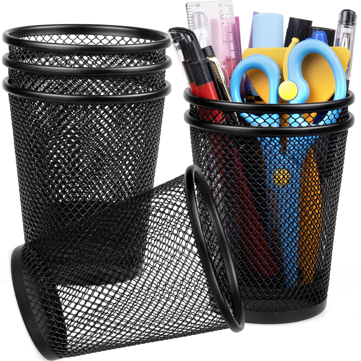QYH Mesh Pencil Cup for Desk 6 Pack, Black Pen Holder 3.54"x3.93"