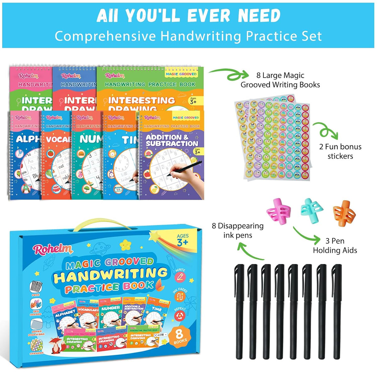Magic Grooved Writing Practice, 8 Reusable Handwriting Books for Kids 3-8
