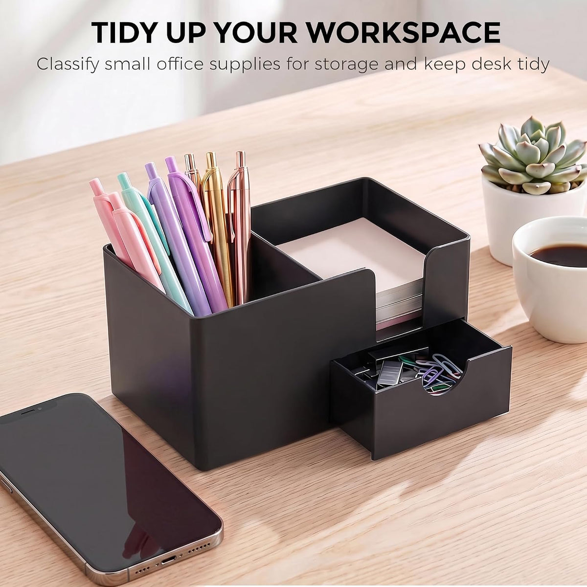 SKYDUE Small Desk Organizer with Sticky Notes Holder,Pen Holder for Desk