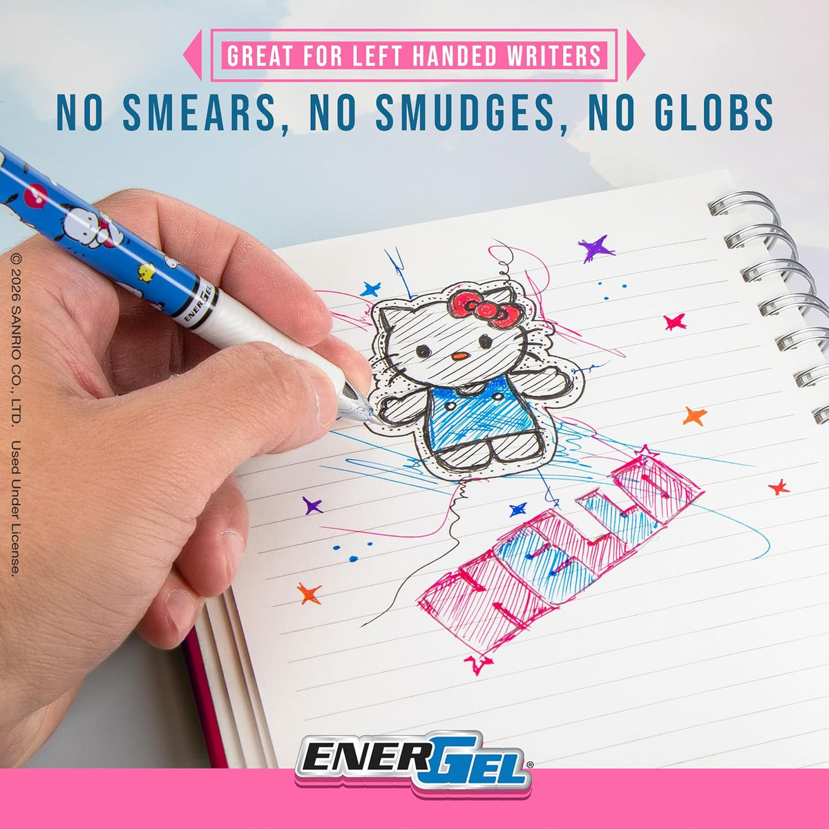 Pentel Writing Essentials 10 Pack, Hello Kitty® and Friends, Limited Edition, 4 EnerGel 0.7mm gel pens, 2 EnerGize 0.7mm pencils, 2 bock erasers, and 2 refill leads