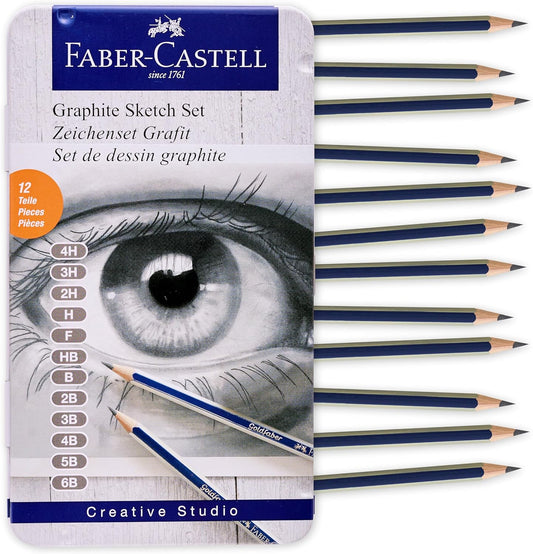 Faber-Castell Graphite Pencils Drawing Set | Back to School Art Supplies | 12 Art Pencils for Sketching (4H, 3H, 2H, H, F, HB, B, 2B, 3B, 4B, 5B, and 6B), Shading Kit