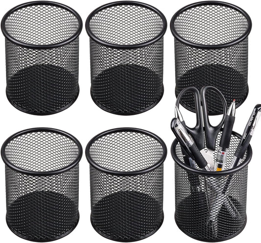QYH Mesh Pencil Cup for Desk 6 Pack, Black Pen Holder 3.54"x3.93"