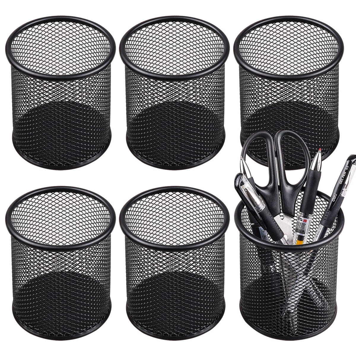 QYH Mesh Pencil Cup for Desk 6 Pack, Black Pen Holder 3.54"x3.93"