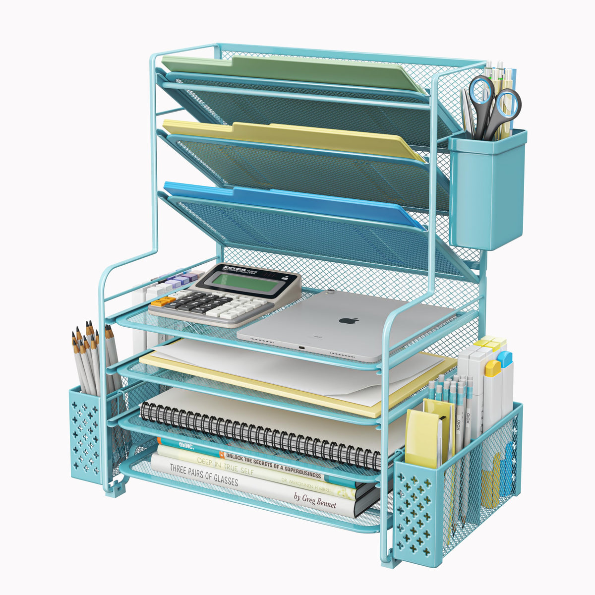 Simple Trending 7 Tier Desk File Organizer, Letter Tray Paper Organizer with Pen Holder and Metal Hanging Basket, Green