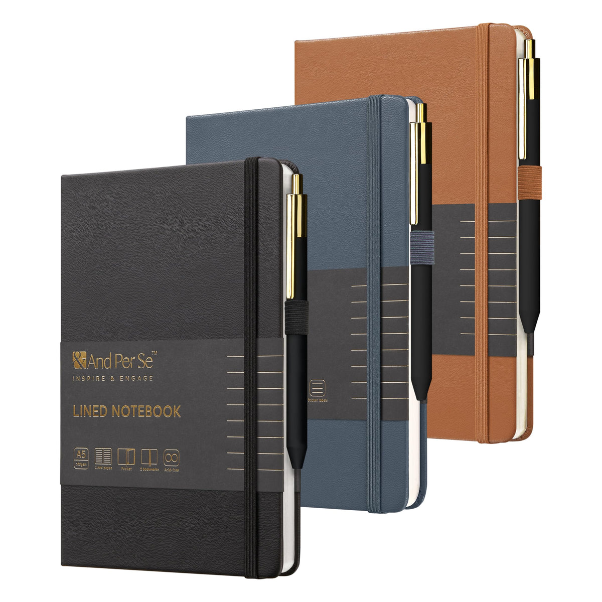 &And Per Se Lined Journal and Pen Set, A5 Leather Hardcover Notebook with Pen & Stationary Set, 160 Pages 100GSM Thick Ruled Paper Journal for Business Work Writing (Dark Blue)