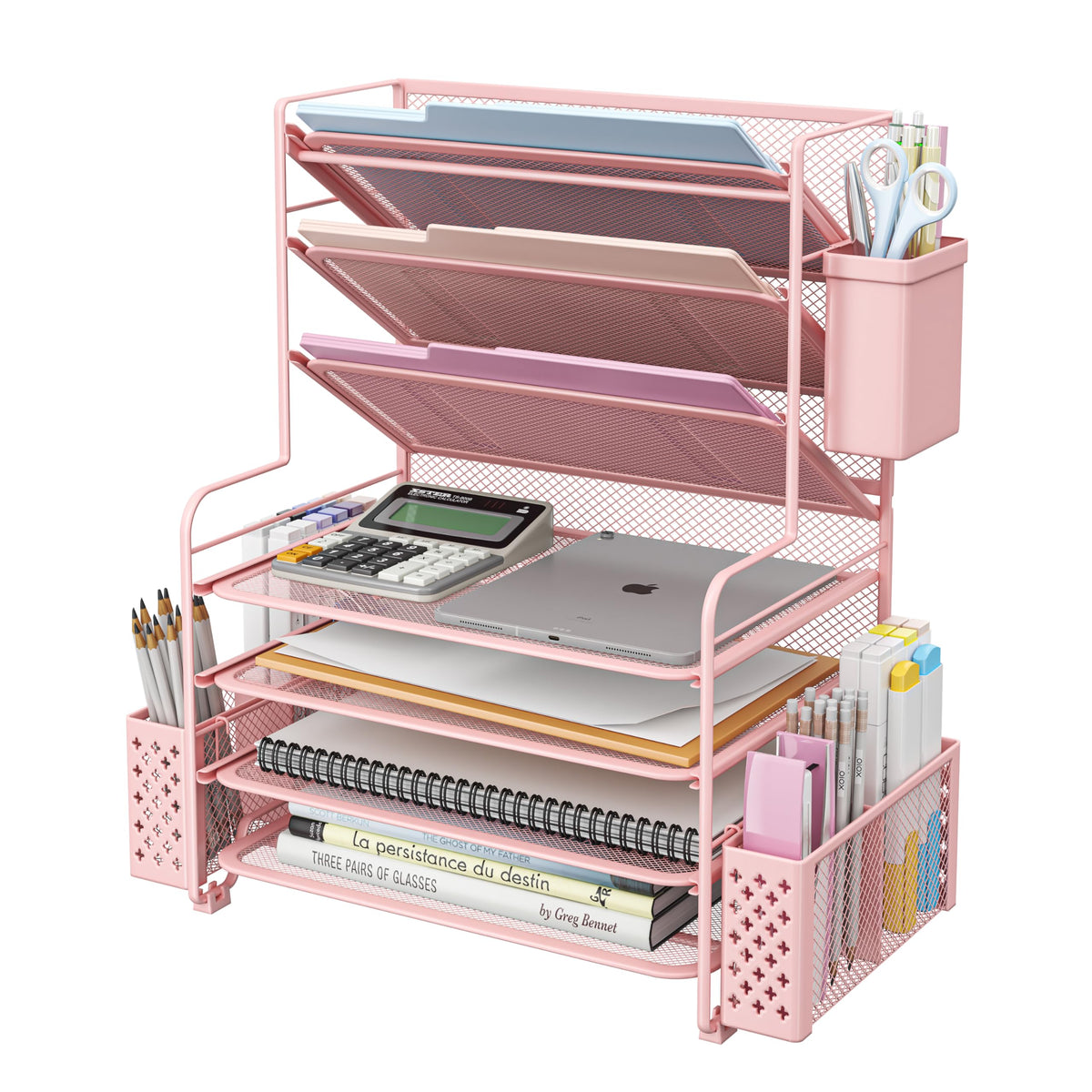 Simple Trending 7 Tier Desk File Organizer, Letter Tray Paper Organizer with Pen Holder and Metal Hanging Basket, Green