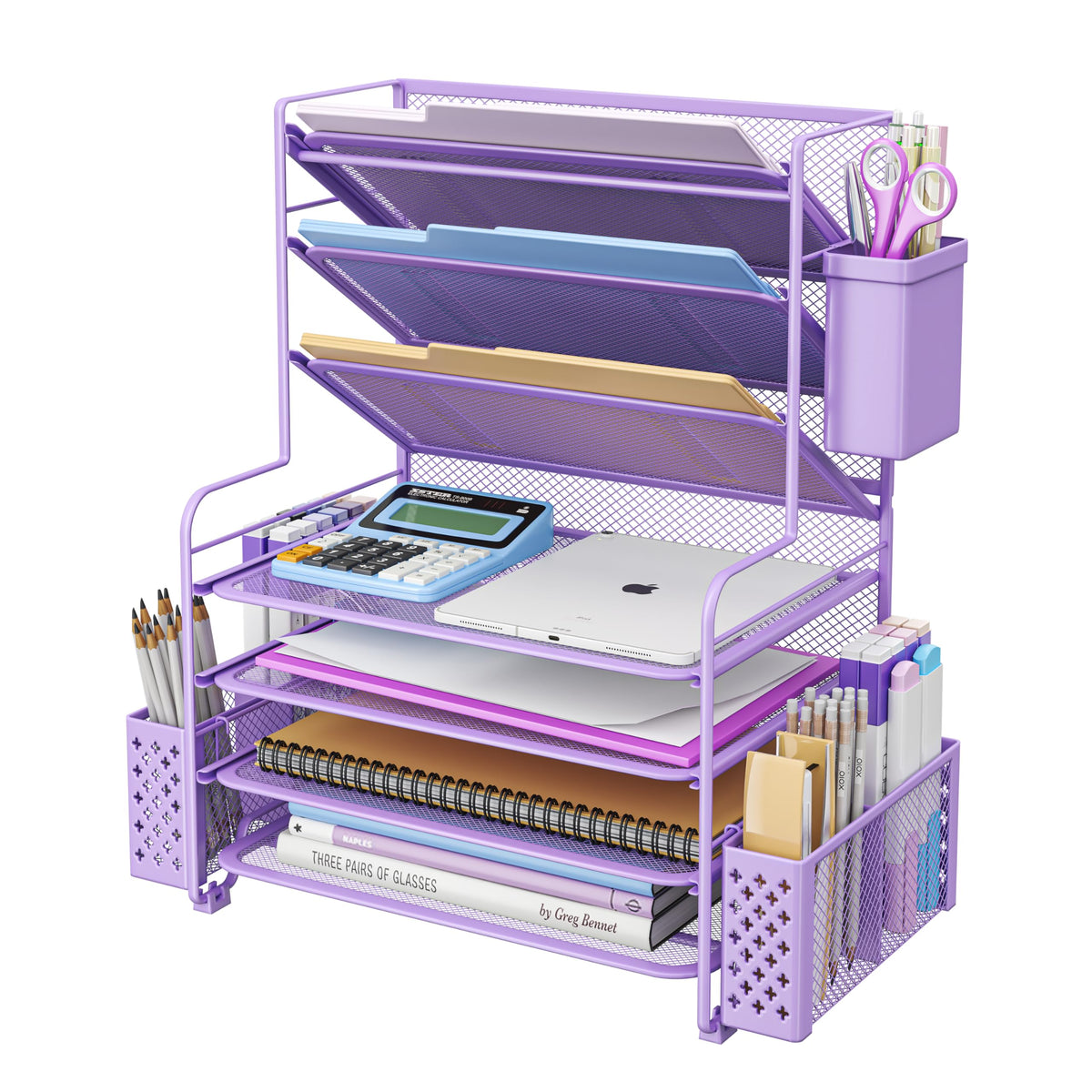 Simple Trending 7 Tier Desk File Organizer, Letter Tray Paper Organizer with Pen Holder and Metal Hanging Basket, Green