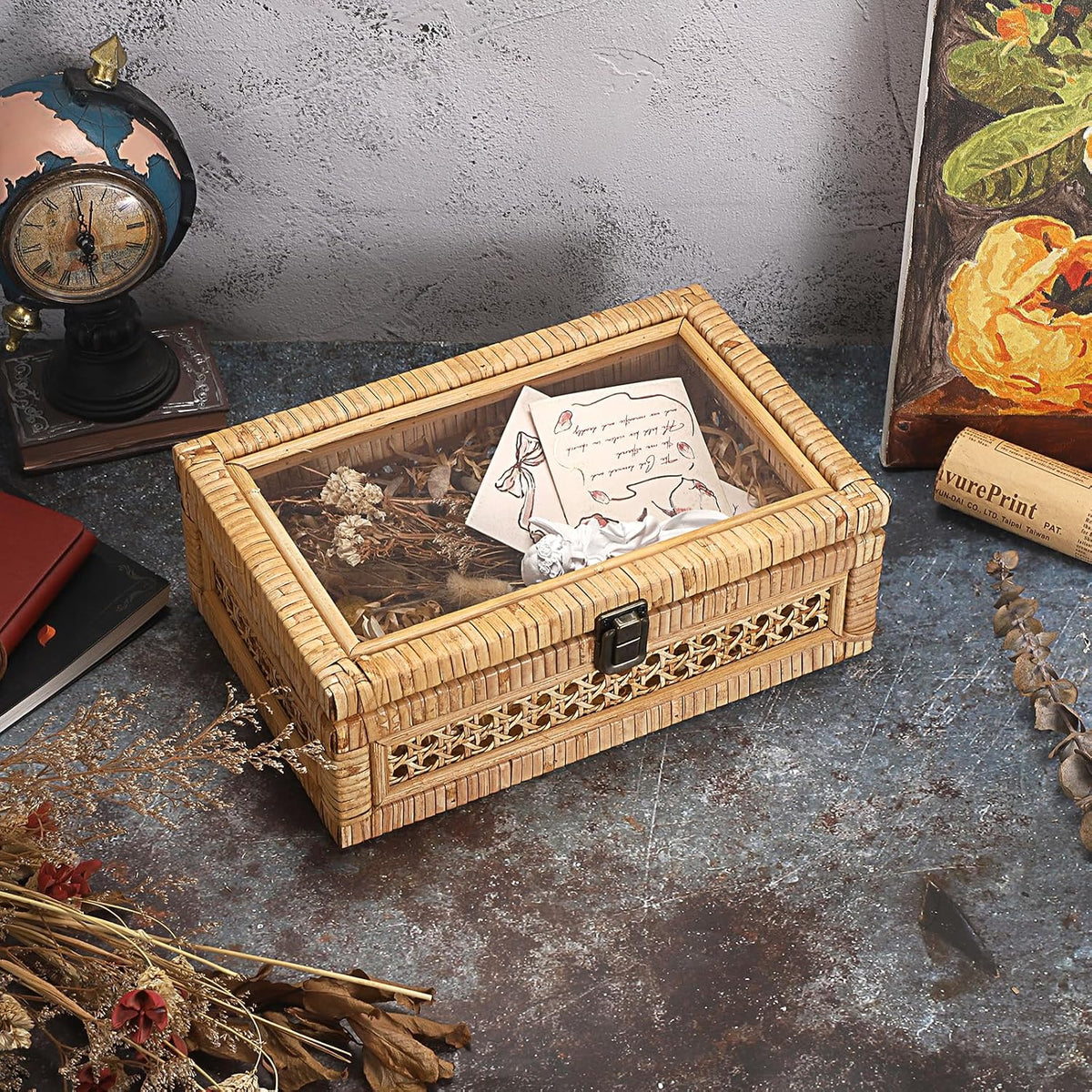 Hipiwe Rattan Display Box with Clear Lid Rectangular Wicker Storage Basket