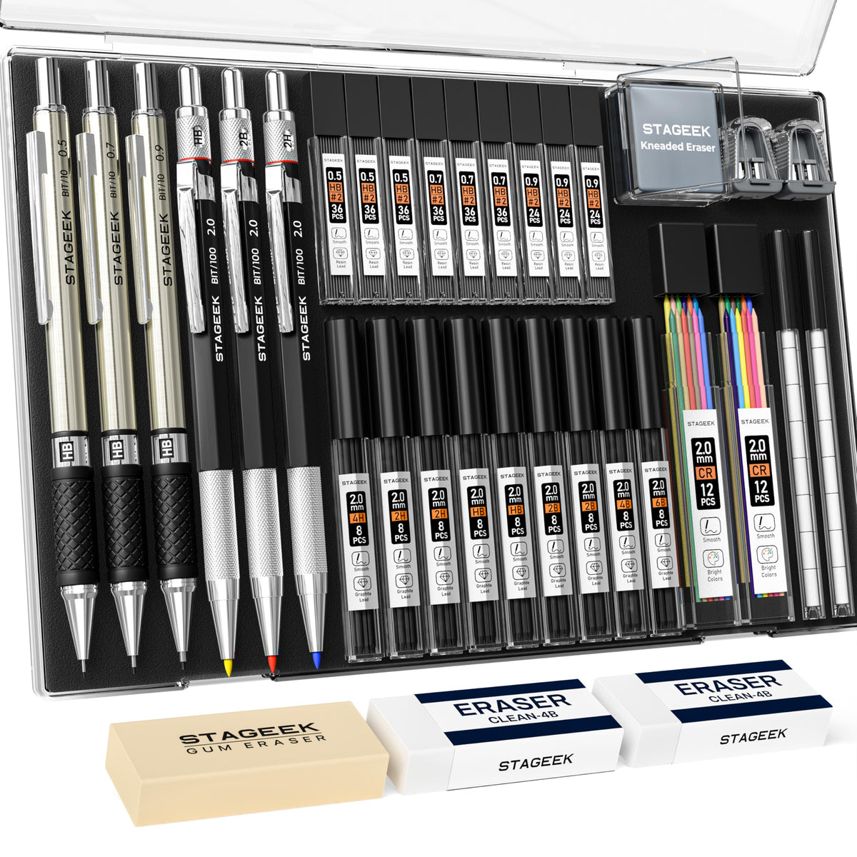 STAGEEK 37PCS Mechanical Pencil Set with Case, 0.3, 0.5, 0.7, 0.9 ＆2PCS 2mm