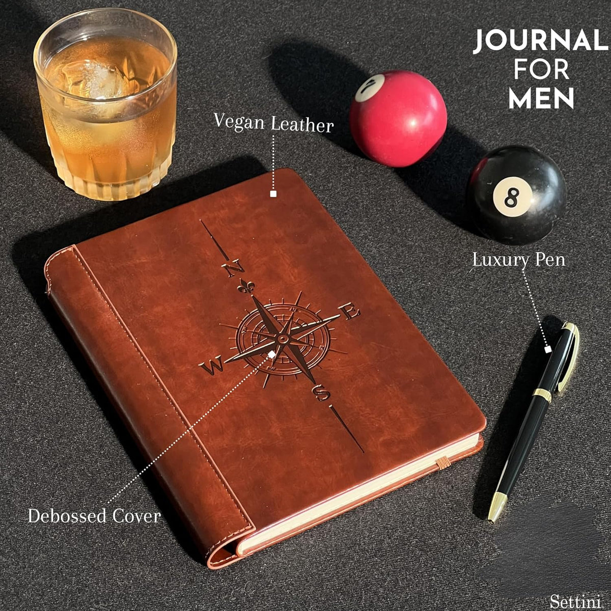SETTINI® Vegan Leather Journal Gift Set with Pen 192 Pages, Compass