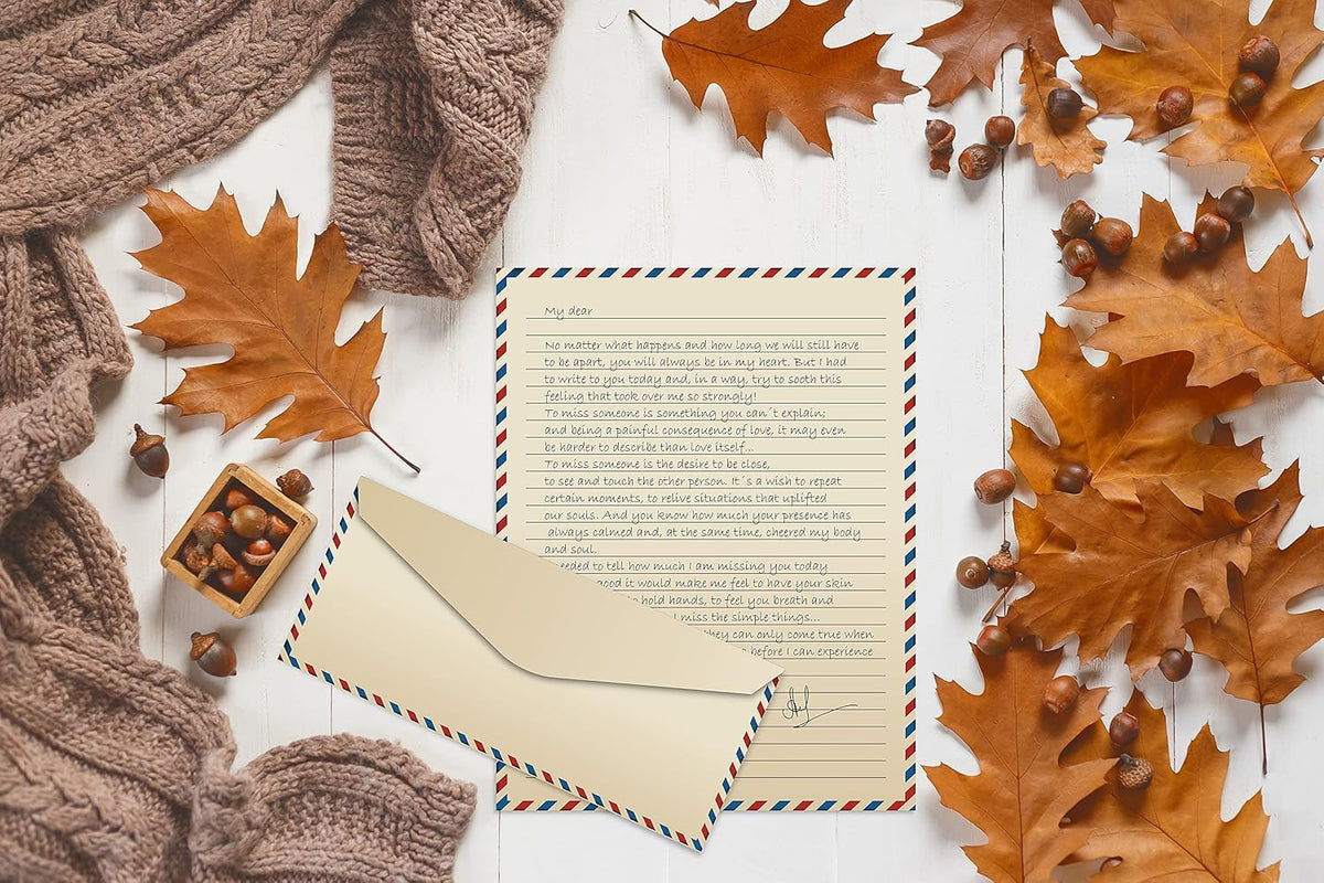 Better Office Products Vintage Airmail Stationery Paper Set, 100-Piece Set (50 Lined Sheets + 50 Matching Envelopes), Letter Size 8.5 x 11 inch, Double Sided & Lined Paper,