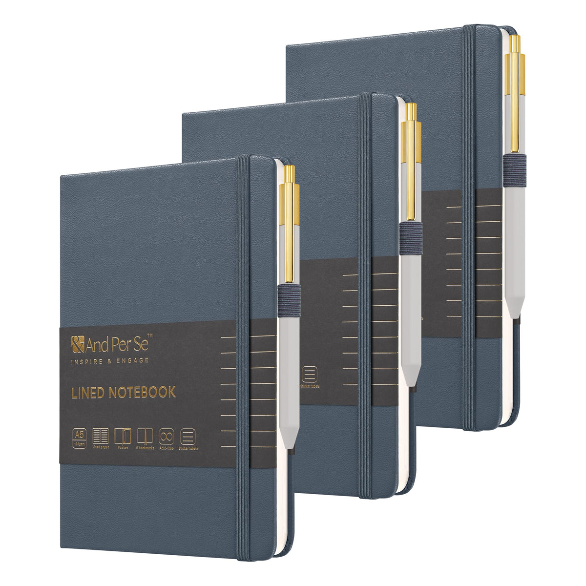 &And Per Se Lined Journal and Pen Set, A5 Leather Hardcover Notebook with Pen & Stationary Set, 160 Pages 100GSM Thick Ruled Paper Journal for Business Work Writing (Dark Blue)