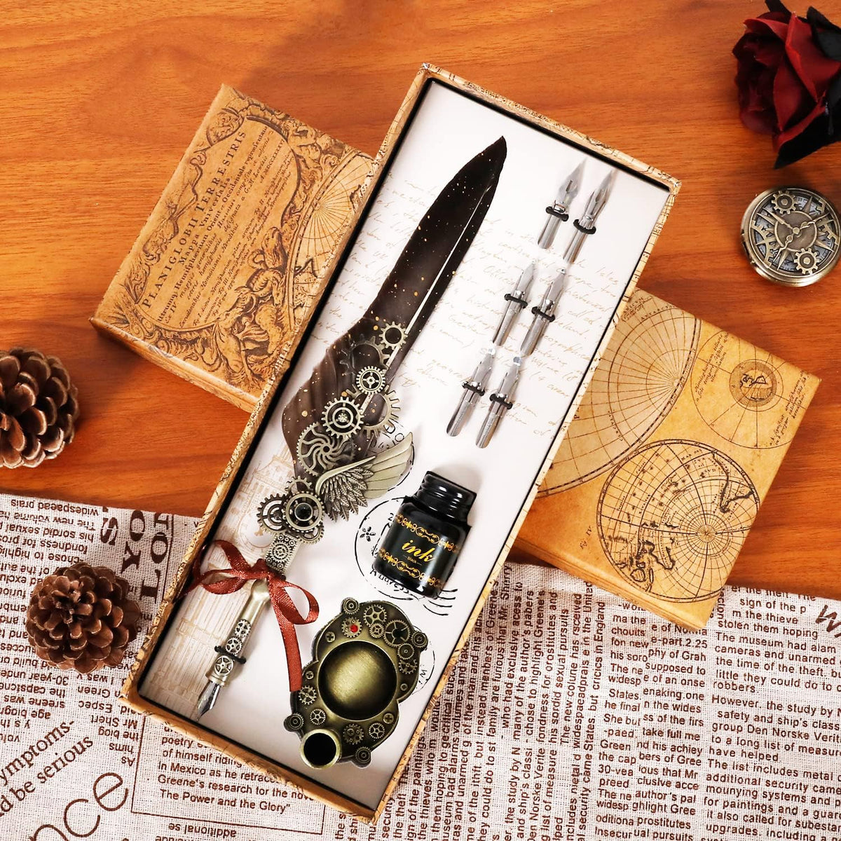 Aifeiter Feather Pen Set,Calligraphy Fountain Dip Feather Pen and Ink Set for Writing,Christmas Gift for Handwriting Lovers Birthday Gift,Luxury Vintage Signature Pen-Grey