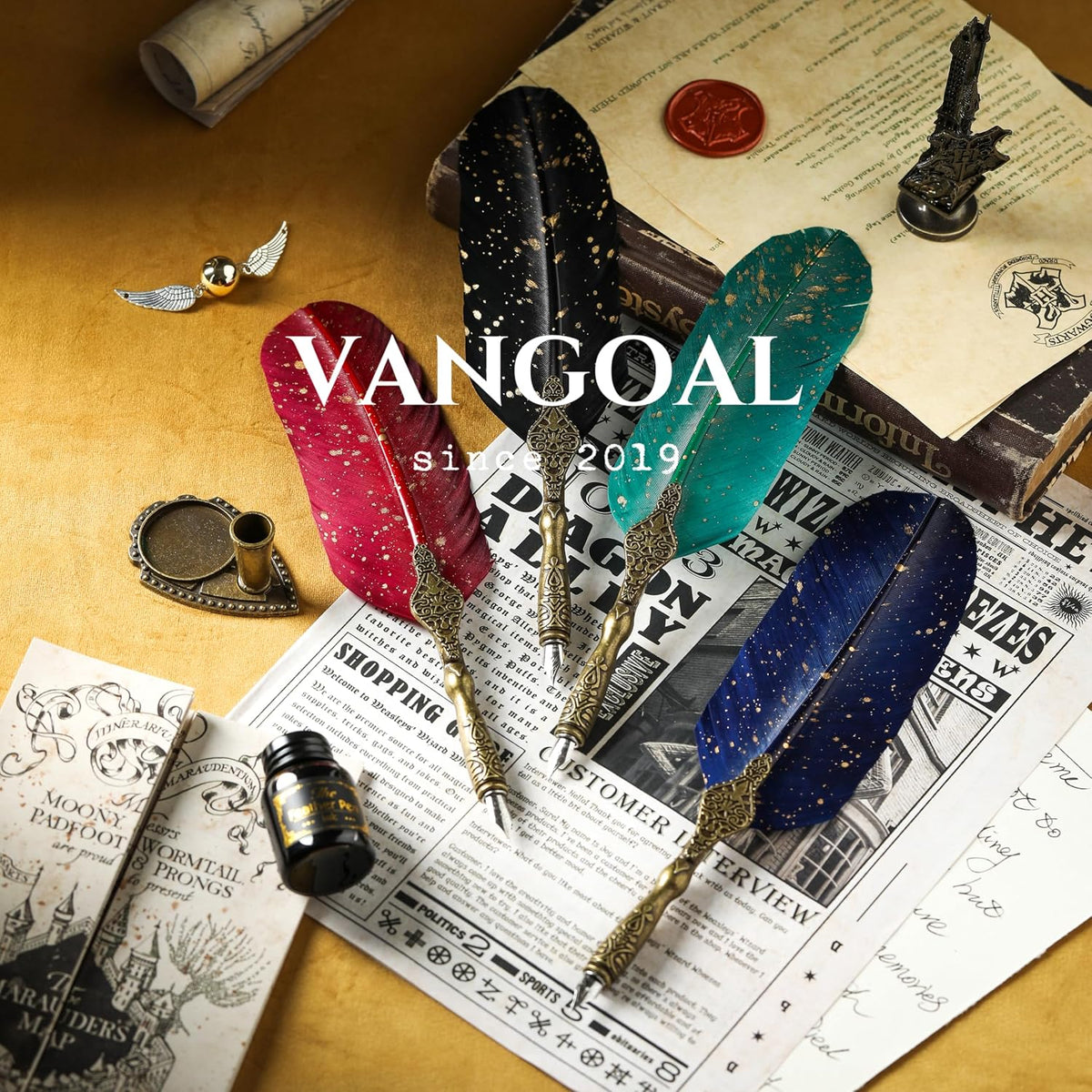 VANGOAL Vintage Green Feather Pen and Ink Set, Classic Series Goose Quill Pen with Carving Pen Stand, Calligraphy Pen Nibs, Black Dip Pen Ink, Antique Writing Gift for Writer