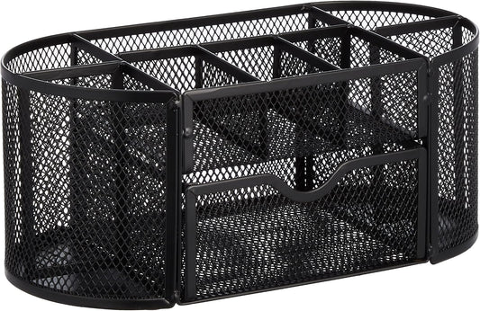 Amazon Basics Mesh Desk Organizer with Pen Holder, Pullout Drawer and Office Caddy Storage, 9.25" x 4.53" x 3.94", Black
