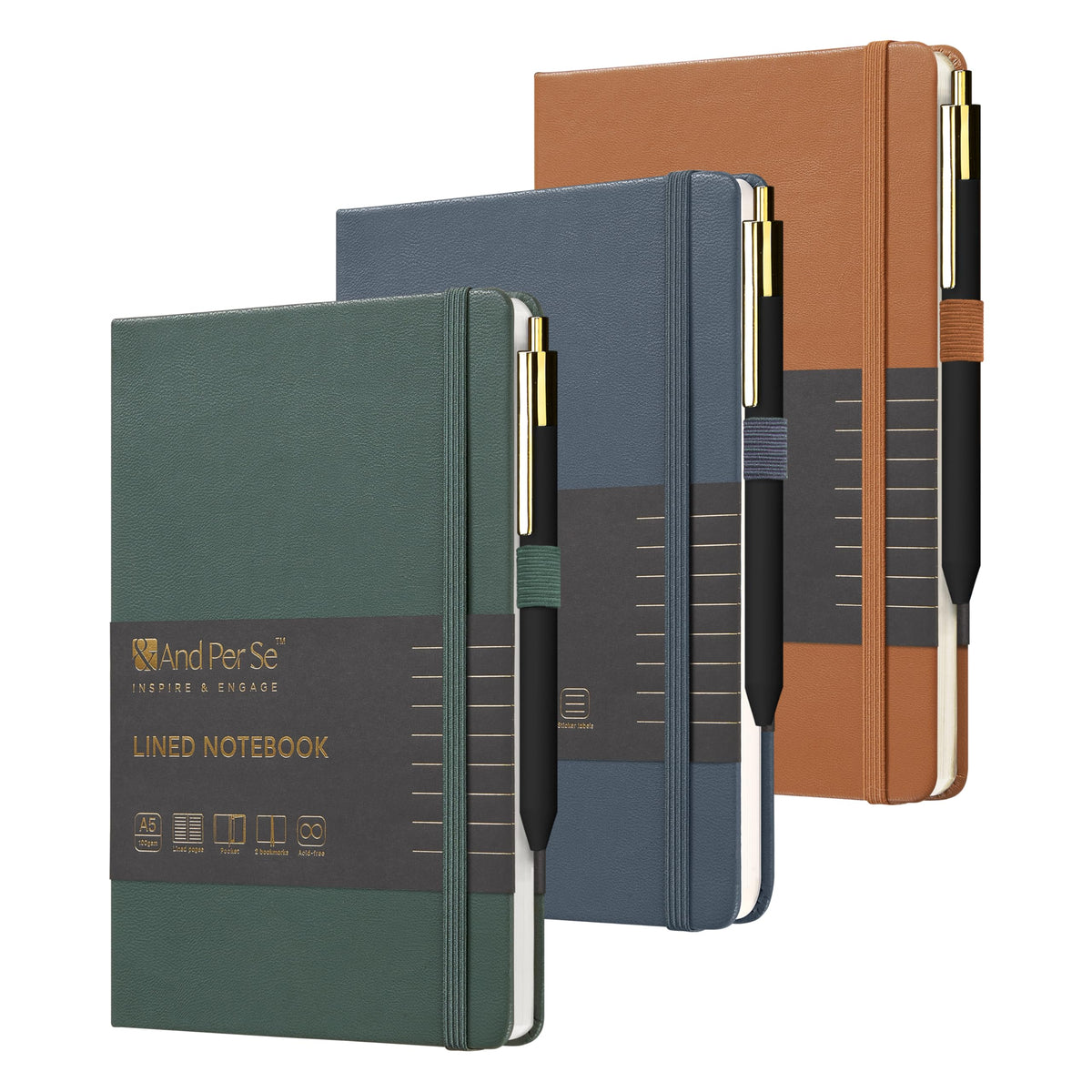 &And Per Se Lined Journal and Pen Set, A5 Leather Hardcover Notebook with Pen & Stationary Set, 160 Pages 100GSM Thick Ruled Paper Journal for Business Work Writing (Dark Blue)