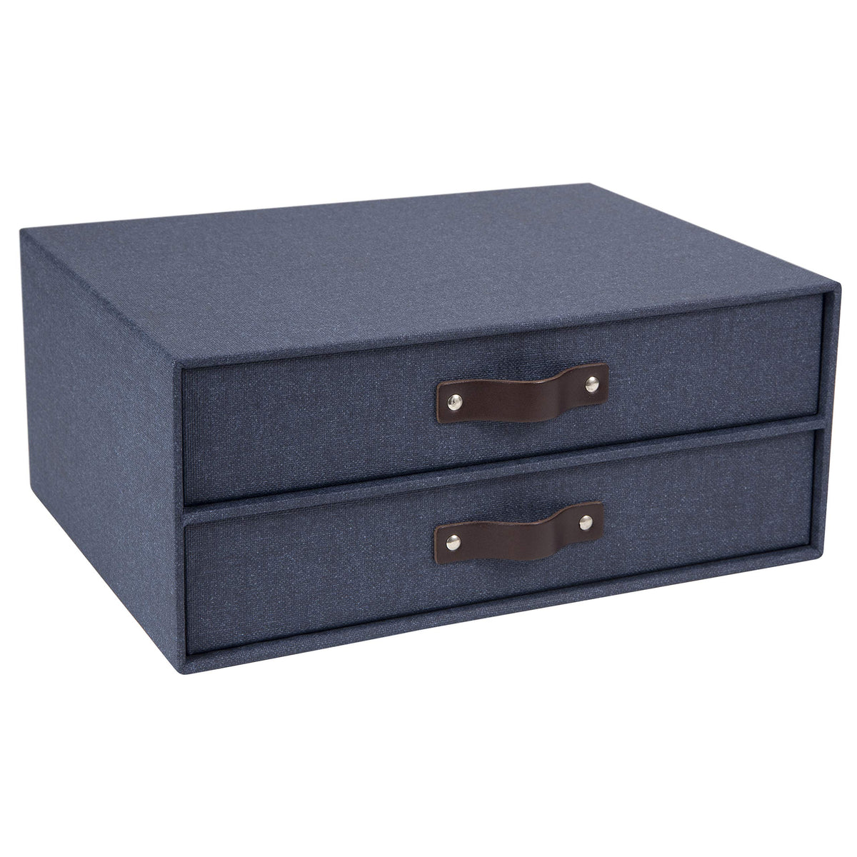 Bigso Birger 2-Drawer Canvas Fiberboard Easy Pull Handle Document Letter Box | Desktop Drawers for Loose Papers and Documents | Desktop Storage Drawers with Leather Handles | 13.1” x 10” x 5.7” | Blue