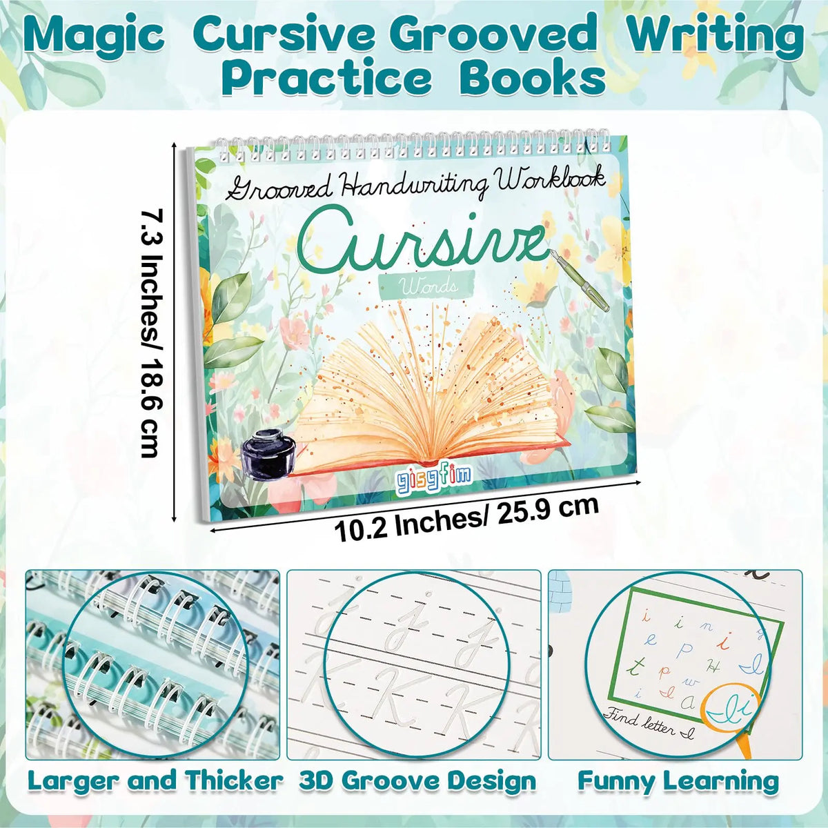 GISGFIM 4-Pack Cursive Handwriting Practice Kits - Grooved Magic Calligraphy Paper Set with Disappearing Ink Pens, 10 Refills, Heavy-Duty Card for Kids' School Supplies, Homeschool Curriculum, Cursive Kickoff Student Workbook, Reusable Workbooks