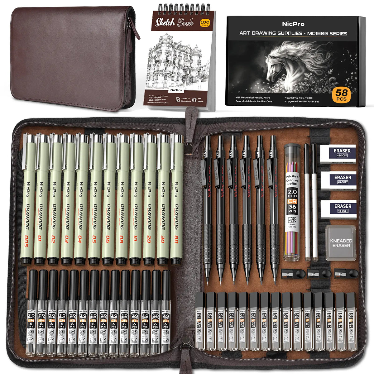 Nicpro 58-Piece Deluxe Leather Case Art Set - Office Stationery Kit with Sketchbook Art & Writing Tools, Artist Hand Drawn Supplies, Artist Quality Graphite Mechanical Pencils, 0.5/0.7/0.9/2mm Metal Drafting Pencils, 12-Micron Pen, 30 Lead Refills