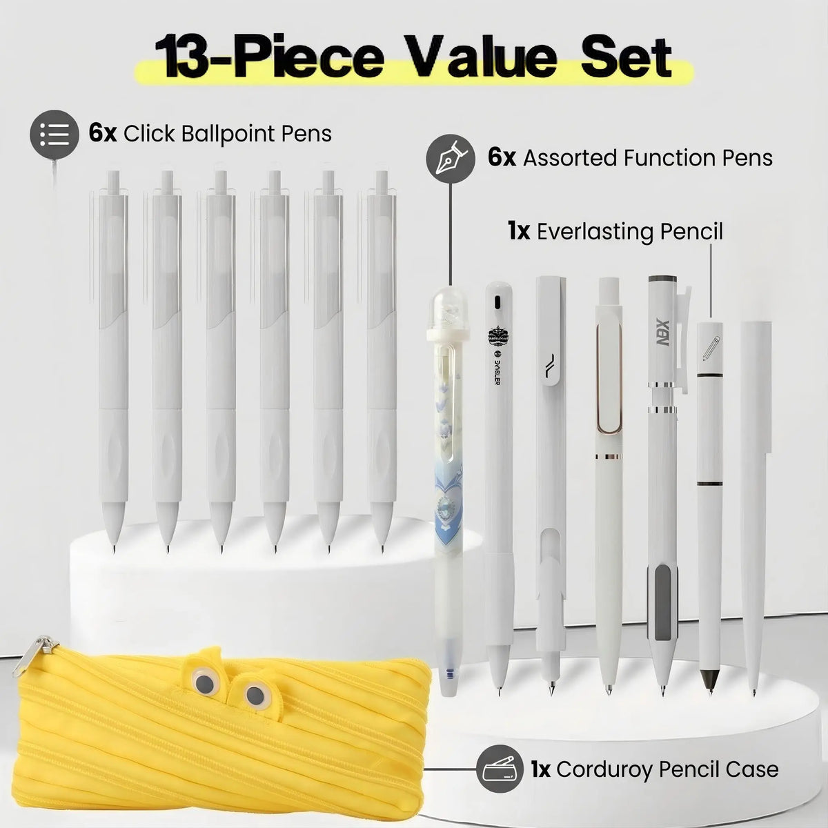 Rarler 13 PCS Smart Pen Set with Monster Pencil Case 8 Unique Types 1 Twist 1 Everlasting 1 Grip 1 Click 1 Retractable 1 Agile 1 Erasable Gel 6 0.5mm Ballpoint Pens for School Study Exams, Ballpen Set, Back To School, School Supplies