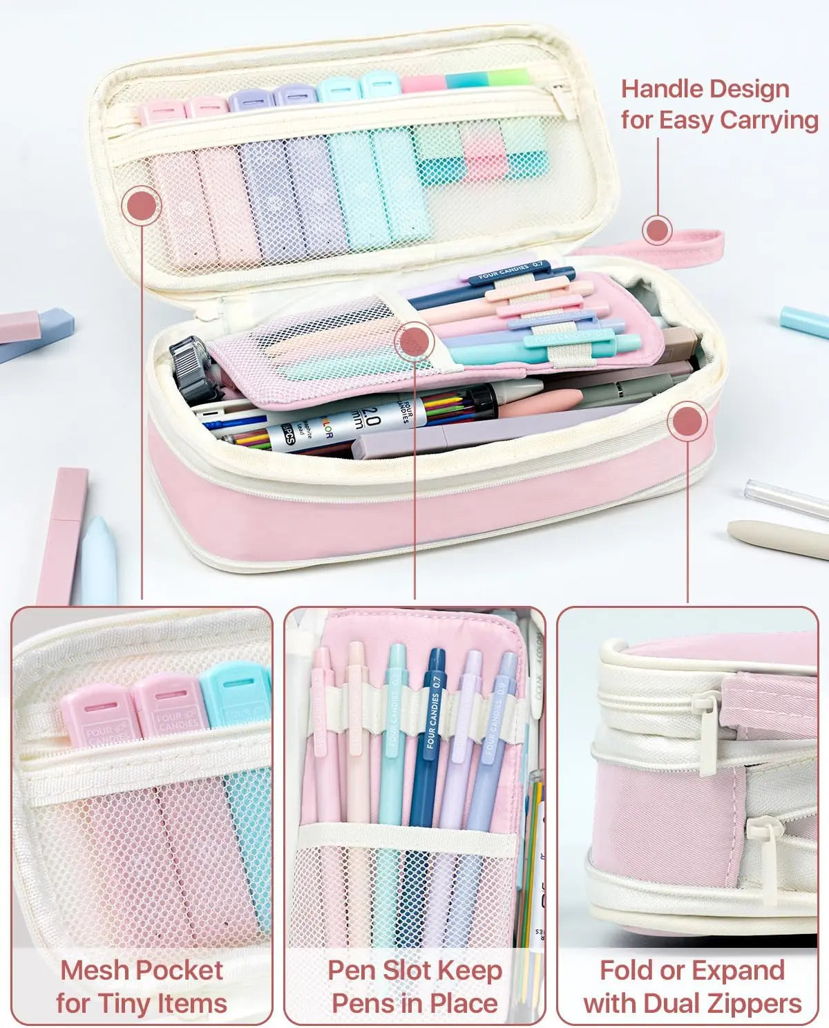 【Buy 1 Get Gift】back to school shopping Four Candies 56PCS Aesthetic School Supplies with Cute Pencil Case,6 Multicolor Pens,12 Pastel Highlighters, 5 Black Ink Gel Pens, 9 Mechanical Pencils for Student Essentials,girly office supplies,Writing Stationery