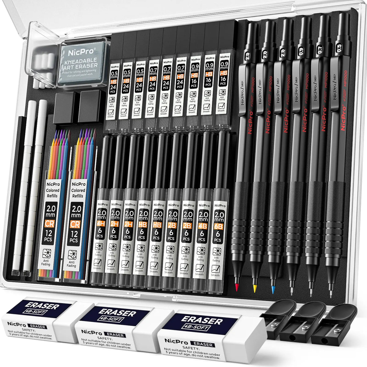 Nicpro 58-Piece Deluxe Leather Case Art Set - Office Stationery Kit with Sketchbook Art & Writing Tools, Artist Hand Drawn Supplies, Artist Quality Graphite Mechanical Pencils, 0.5/0.7/0.9/2mm Metal Drafting Pencils, 12-Micron Pen, 30 Lead Refills