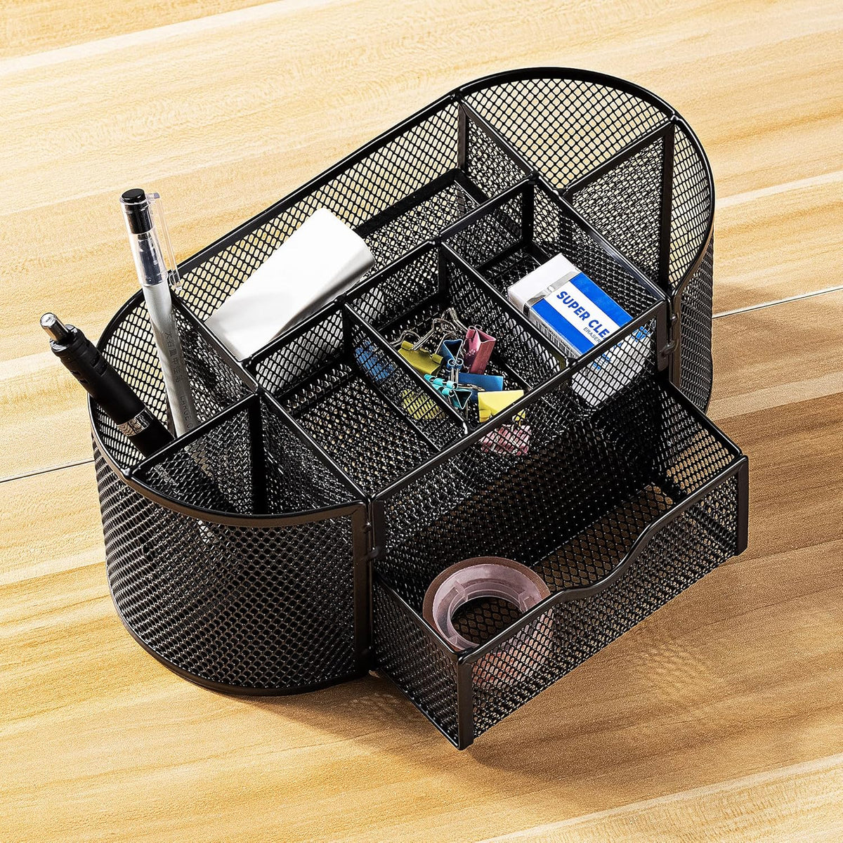 Amazon Basics Mesh Desk Organizer with Pen Holder, Pullout Drawer and Office Caddy Storage, 9.25" x 4.53" x 3.94", Black