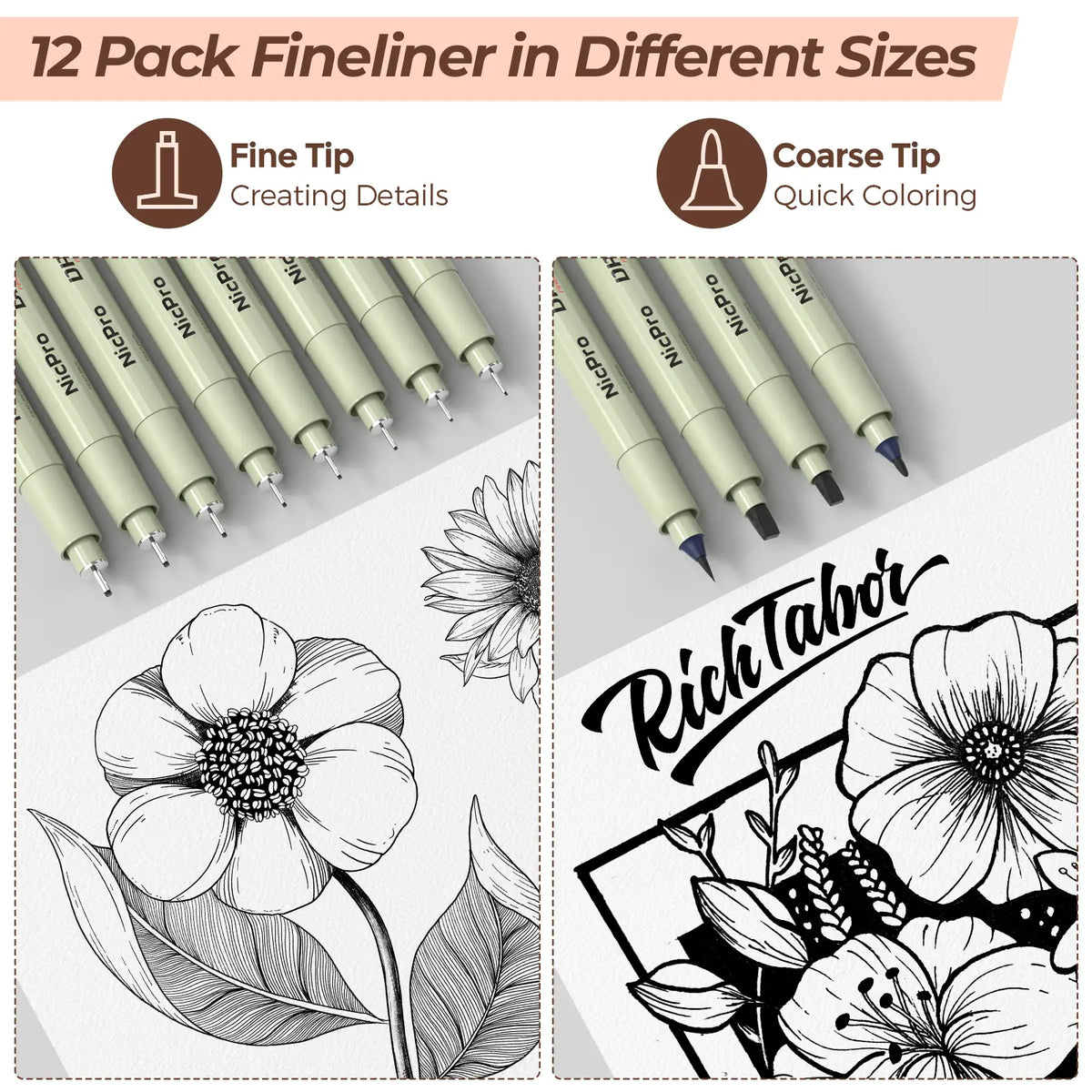 Nicpro 58-Piece Deluxe Leather Case Art Set - Office Stationery Kit with Sketchbook Art & Writing Tools, Artist Hand Drawn Supplies, Artist Quality Graphite Mechanical Pencils, 0.5/0.7/0.9/2mm Metal Drafting Pencils, 12-Micron Pen, 30 Lead Refills
