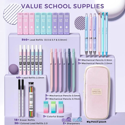 4 Candies (New) Stationary Set - 36PCS Aesthetic Mechanical Pencils (0.5mm/0.7mm/0.9mm/2.0mm), 624PCS Lead Refills, Drawing Supplies Kit, Back to School Hauls Student Must-Have Pencil School Supply Sets for Writing/Drafting, Ideal Christmas Gift for Kids