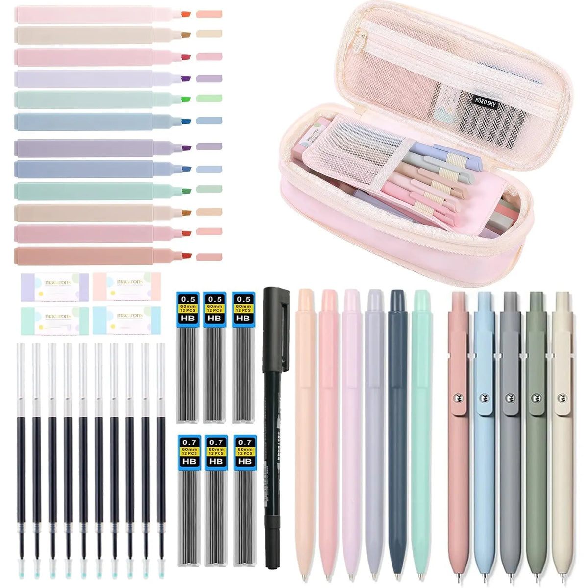 Aesthetic School Supplies Set, Including Highlighter & Gel Pen & Mechanical Pencil & Pencil Case & Accessories, Cute Stationery Set, Writing Utensils, Student Essentials, School Classroom Supplies, Study Supplies