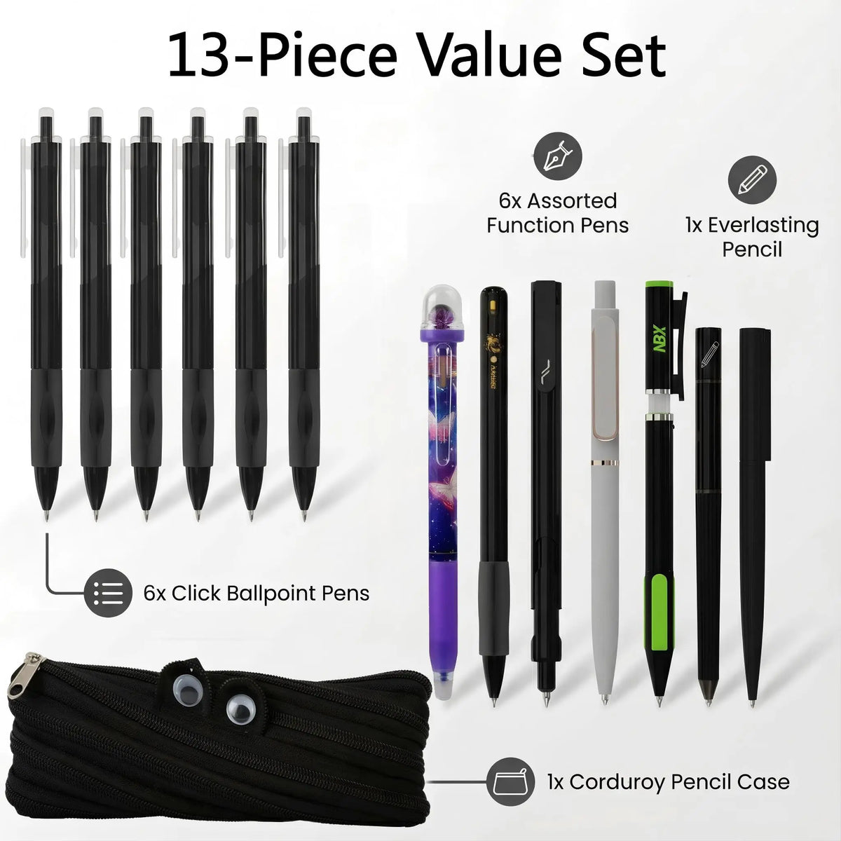 Rarler 13 PCS Smart Pen Set with Monster Pencil Case 8 Unique Types 1 Twist 1 Everlasting 1 Grip 1 Click 1 Retractable 1 Agile 1 Erasable Gel 6 0.5mm Ballpoint Pens for School Study Exams, Ballpen Set, Back To School, School Supplies