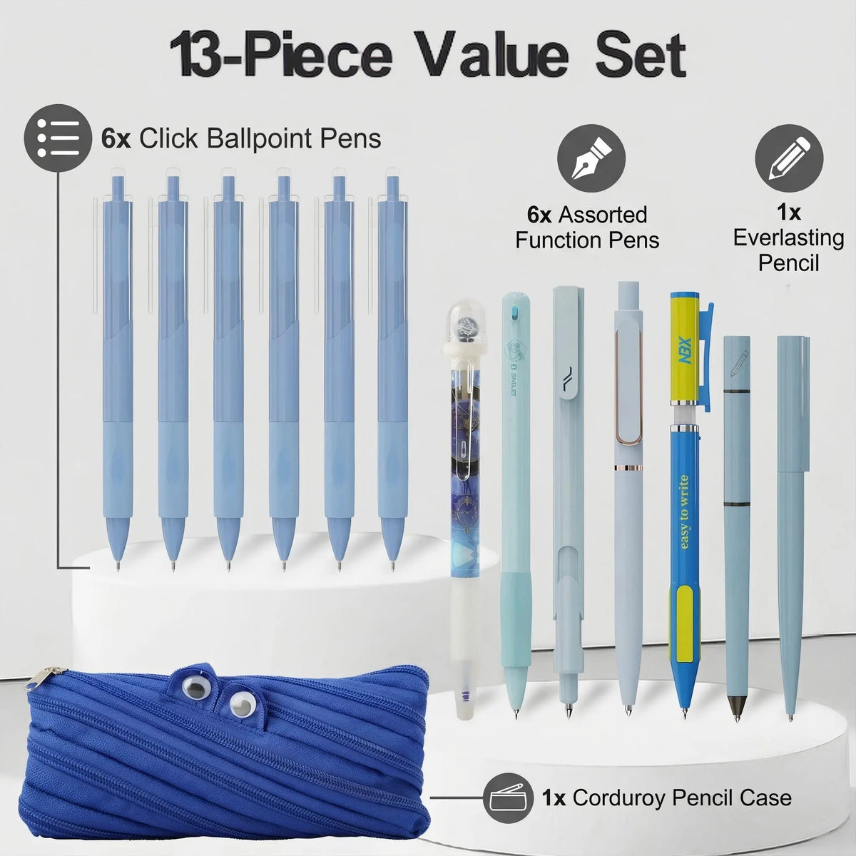 Rarler 13 PCS Smart Pen Set with Monster Pencil Case 8 Unique Types 1 Twist 1 Everlasting 1 Grip 1 Click 1 Retractable 1 Agile 1 Erasable Gel 6 0.5mm Ballpoint Pens for School Study Exams, Ballpen Set, Back To School, School Supplies