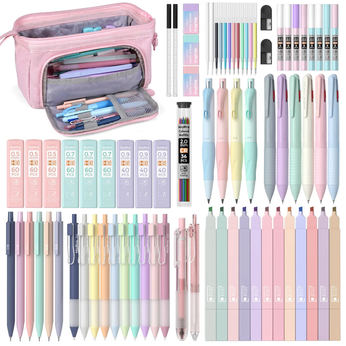 Nicpro Cute Stationery Set (78 PCS) - Back to School Haul with Pink Pencil Pouch, 12 Pastel Highlighters, 12 Color & Black Ink Gel Pens, 10 Mechanical Pencils (0.5/0.7/0.9/2.0mm), 6 Ballpoint Pens for College School Supplies