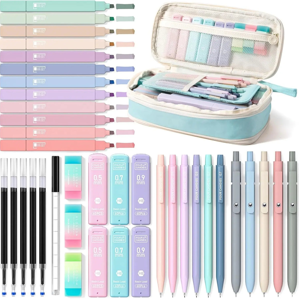 Four Candies 45 PCS Stationery Set with Pen Case, College Supplies and Nursing Student Essentials, 12 Pastel Highlighters, 6 Black Gel Pens, 6 Mechanical Pencils, Back to School Supplies Shopping