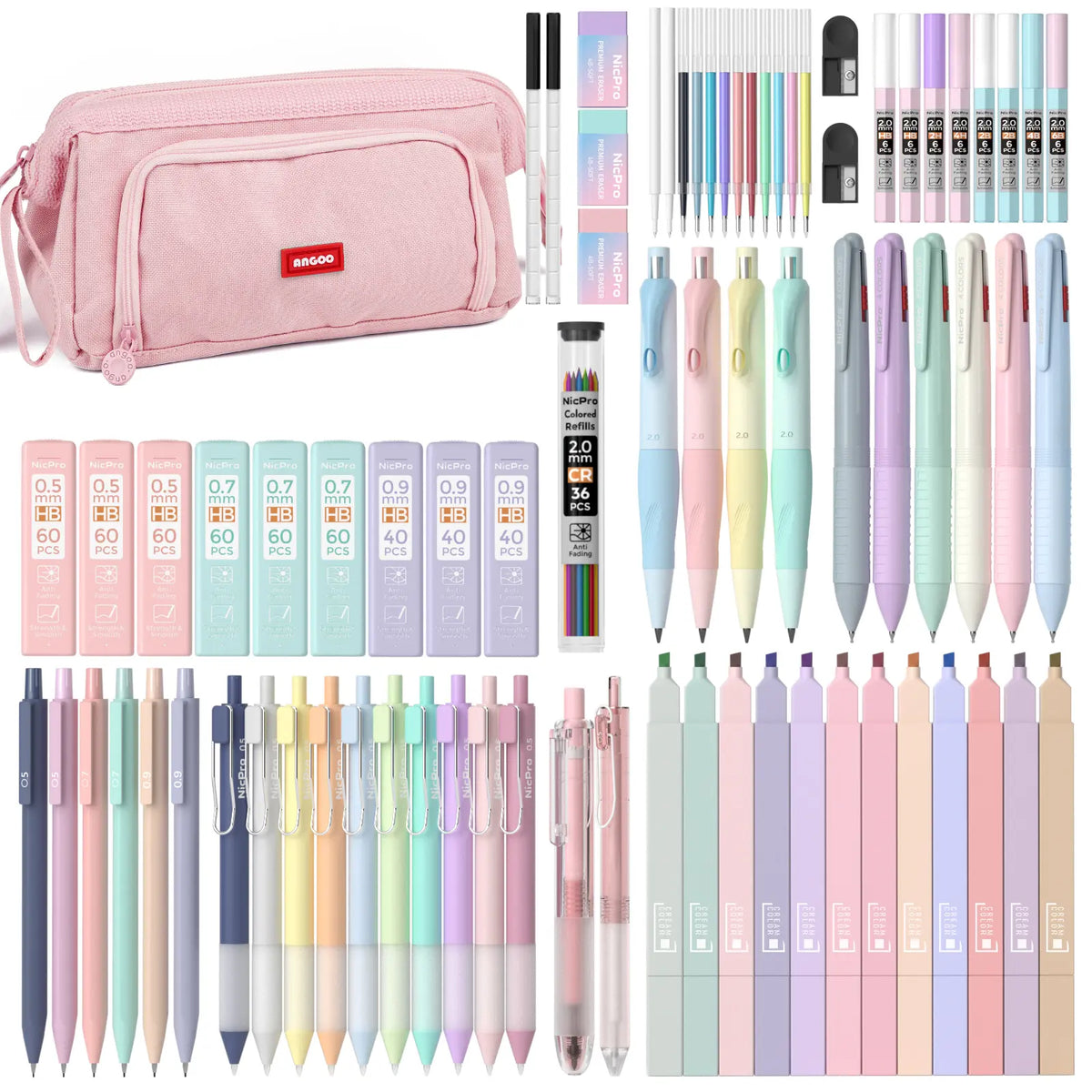 Nicpro Cute Stationery Set (78 PCS) - Back to School Haul with Pink Pencil Pouch, 12 Pastel Highlighters, 12 Color & Black Ink Gel Pens, 10 Mechanical Pencils (0.5/0.7/0.9/2.0mm), 6 Ballpoint Pens for College School Supplies