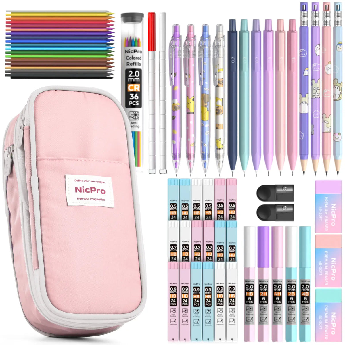 Nicpro Stationary Set - Office Supply Kit with Big Capacity Pen Box Kit, 6 Pastel 0.5-0.7mm Smooth-Writing Mechanical Pencils & Markers for Students (Back to School Hauls Study Supplies)