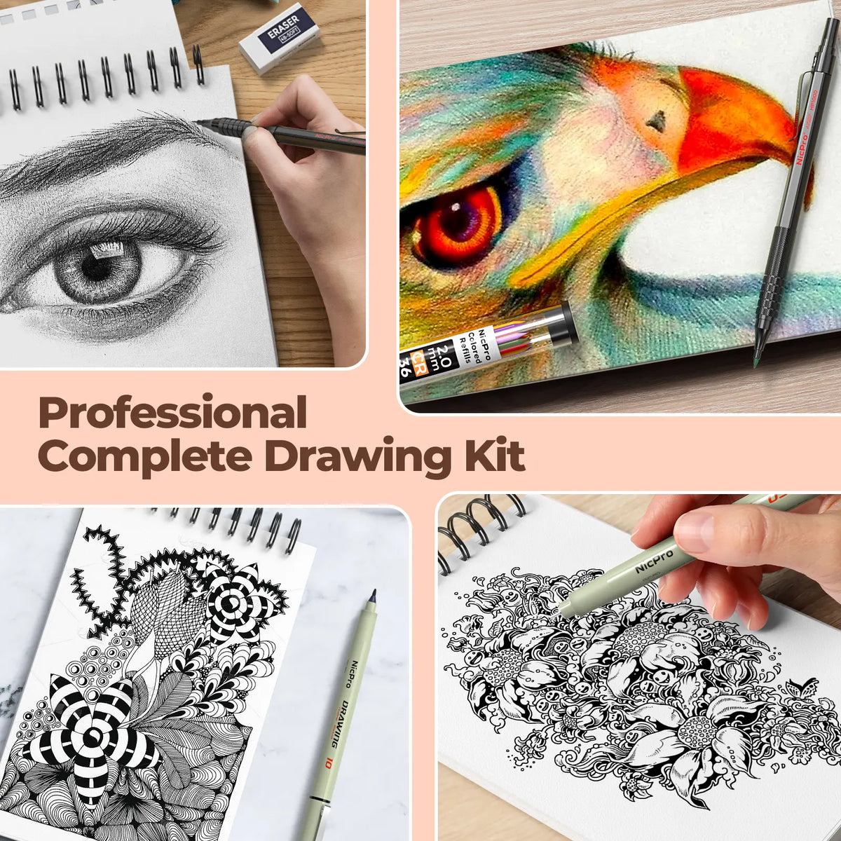 Nicpro 58-Piece Deluxe Leather Case Art Set - Office Stationery Kit with Sketchbook Art & Writing Tools, Artist Hand Drawn Supplies, Artist Quality Graphite Mechanical Pencils, 0.5/0.7/0.9/2mm Metal Drafting Pencils, 12-Micron Pen, 30 Lead Refills