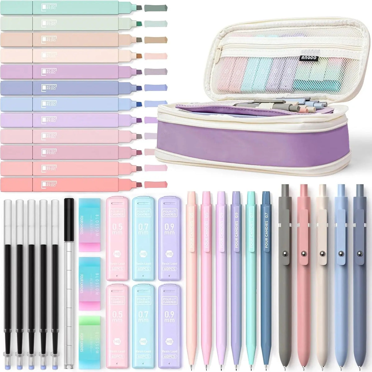 Four Candies 45 PCS Stationery Set with Pen Case, College Supplies and Nursing Student Essentials, 12 Pastel Highlighters, 6 Black Gel Pens, 6 Mechanical Pencils, Back to School Supplies Shopping
