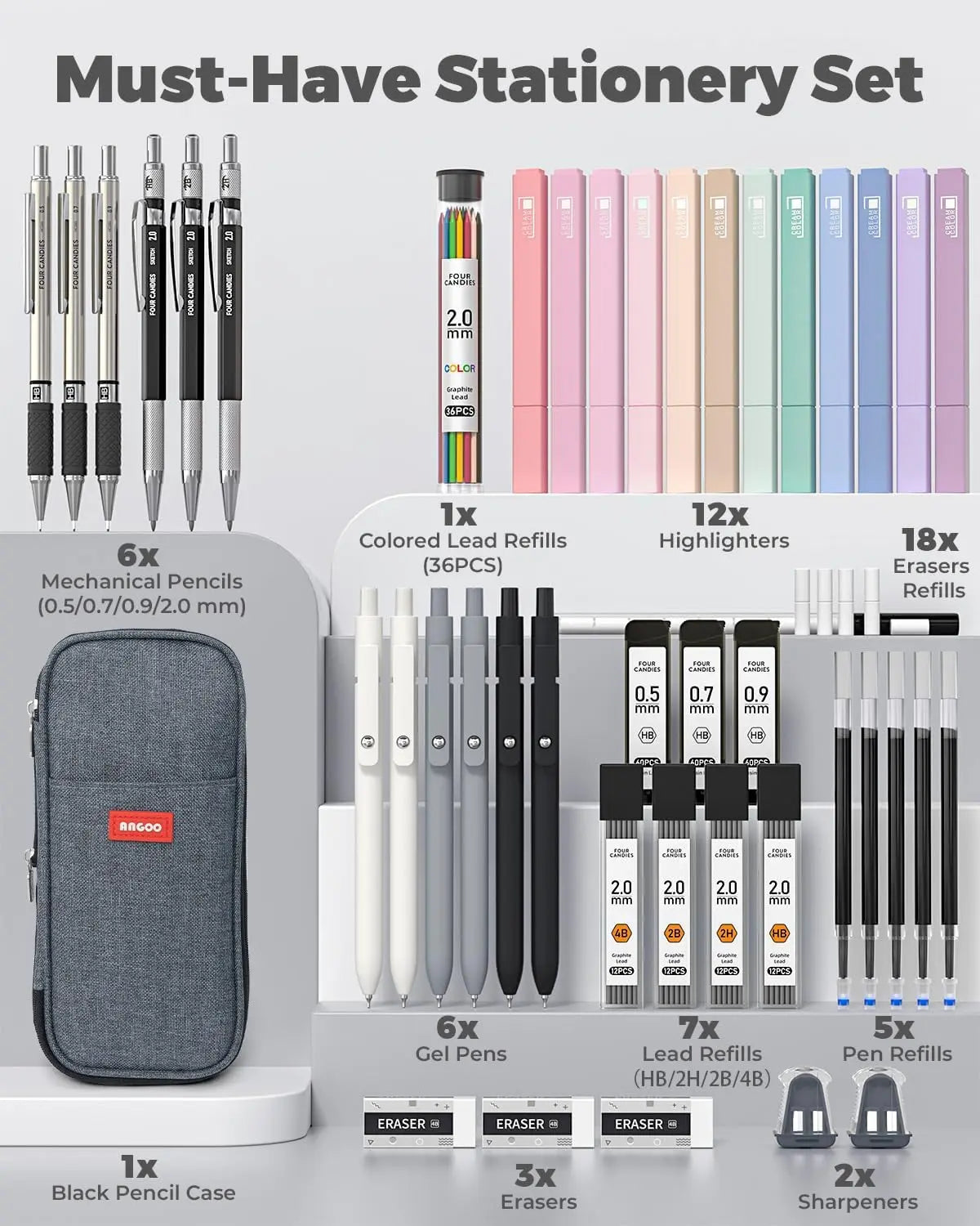 Four Candies 45 PCS Stationery Set with Pen Case, College Supplies and Nursing Student Essentials, 12 Pastel Highlighters, 6 Black Gel Pens, 6 Mechanical Pencils, Back to School Supplies Shopping