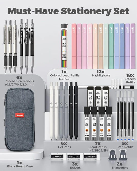 Four Candies 45 PCS Stationery Set with Pen Case, College Supplies and Nursing Student Essentials, 12 Pastel Highlighters, 6 Black Gel Pens, 6 Mechanical Pencils, Back to School Supplies Shopping