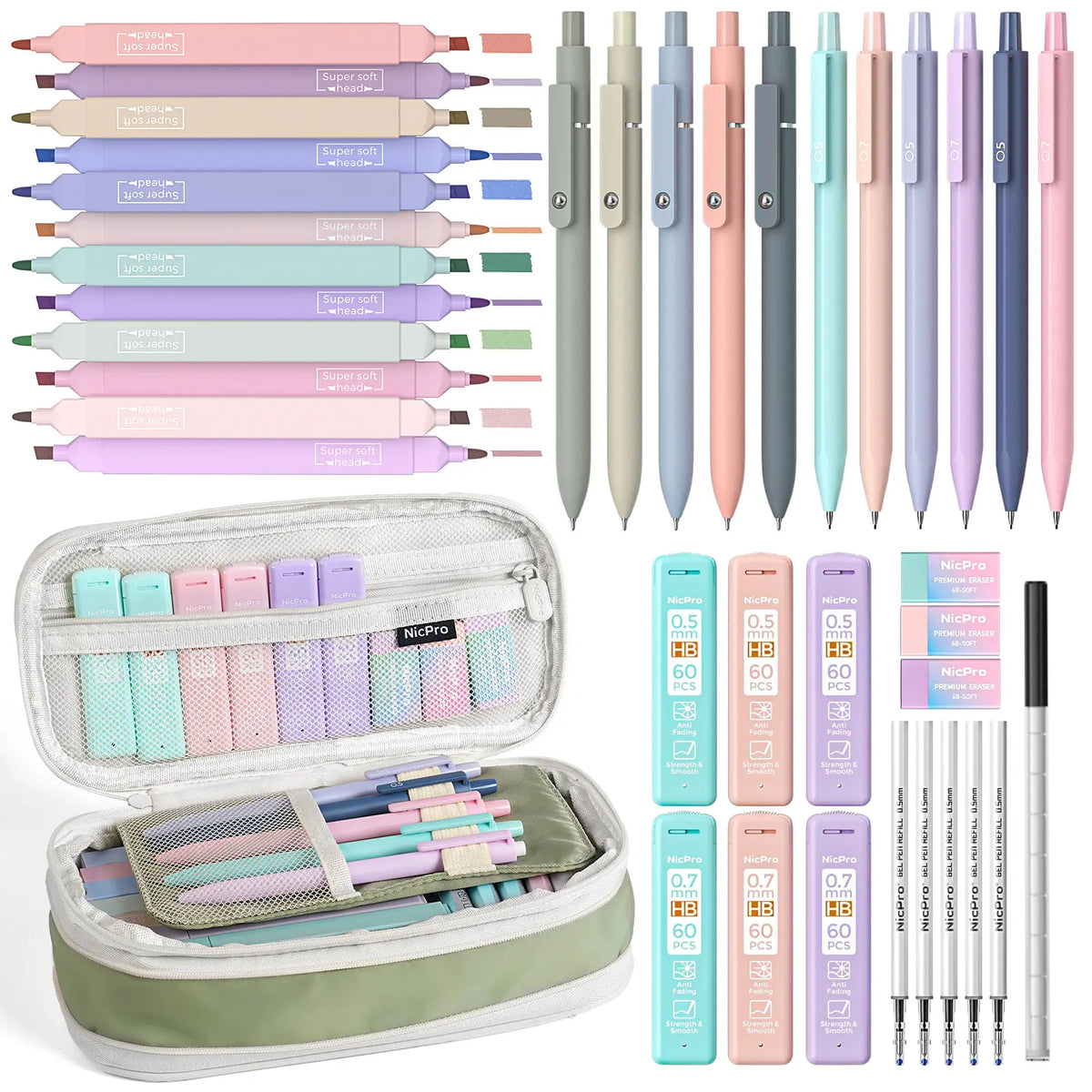 Nicpro Stationary Set - Office Supply Kit with Big Capacity Pen Box Kit, 6 Pastel 0.5-0.7mm Smooth-Writing Mechanical Pencils & Markers for Students (Back to School Hauls Study Supplies)
