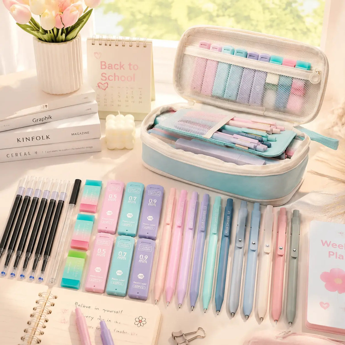 4 Candies (New) Stationary Set - 36PCS Aesthetic Mechanical Pencils (0.5mm/0.7mm/0.9mm/2.0mm), 624PCS Lead Refills, Drawing Supplies Kit, Back to School Hauls Student Must-Have Pencil School Supply Sets for Writing/Drafting, Ideal Christmas Gift for Kids