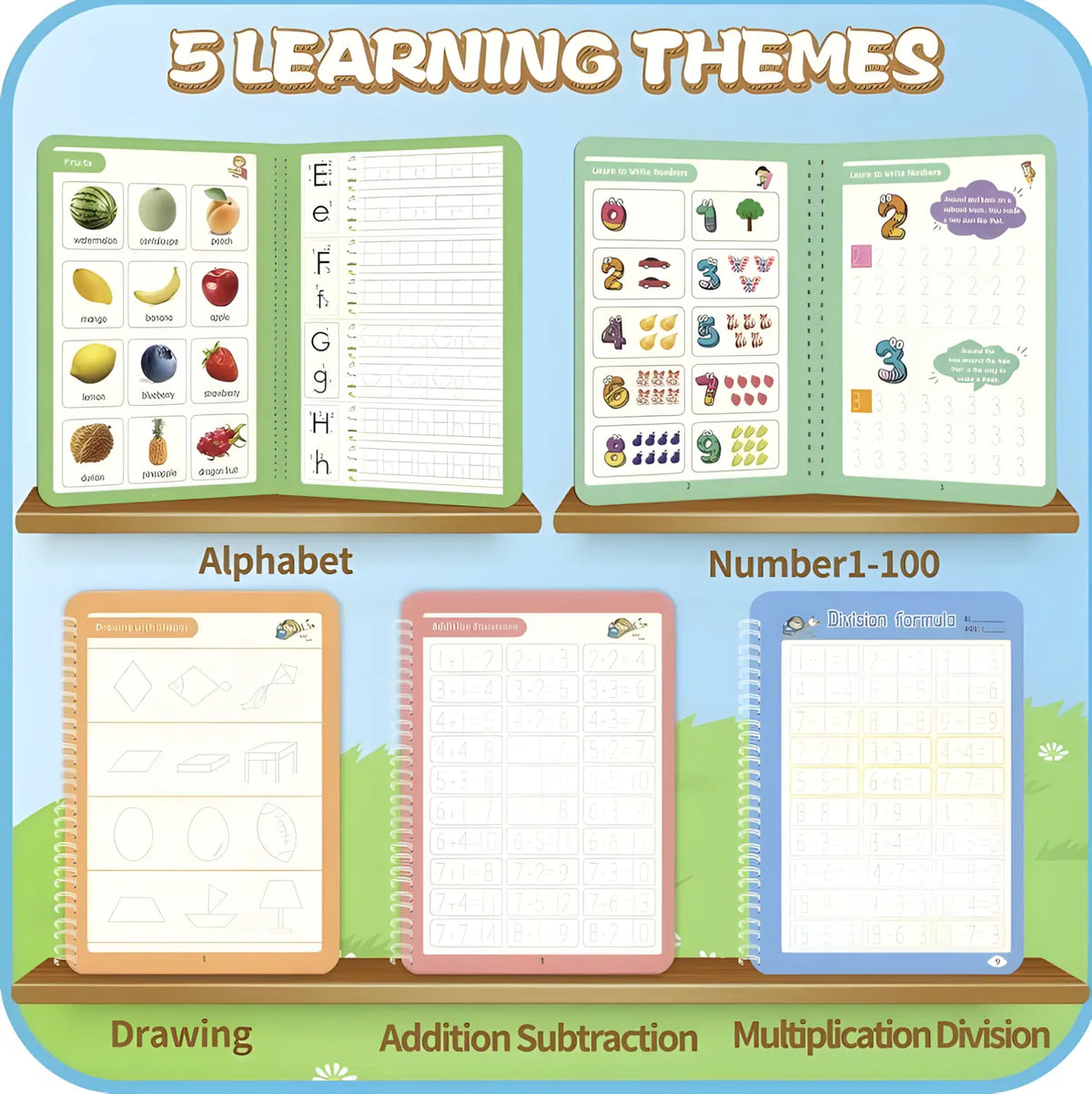 Reusable Disappearing Ink Handwriting Practice Copybook Set - 5 Books, 2 Pens, 10 Refills, 2 Pen-hold Silicone Grips, Thick Paper Groove Template, Back to School Kids Ages 3-10 Office Stationery School Supplies, Travel-friendly Gift